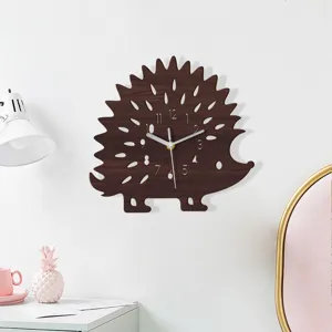 Wooden hedgehog wall clock with silent sweep movement, cute animal clock for kids room decor.