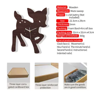 Wooden deer wall clock with silent sweep movement, cute animal shape for home decor.