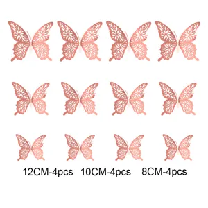 12pcs 3D Hollow Butterfly Wall Stickers Rose Gold Metallic Decals for Home Room Decor
