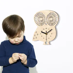Wooden owl wall clock with silent sweep movement, perfect kids room decor and time display.