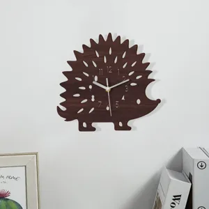 Wooden hedgehog wall clock detail shot, showcasing unique animal shape and silent sweep movement.