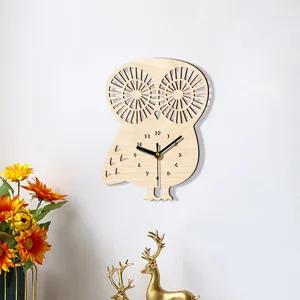 Wooden owl wall clock with silent movement and pointer display, perfect for modern home decor.