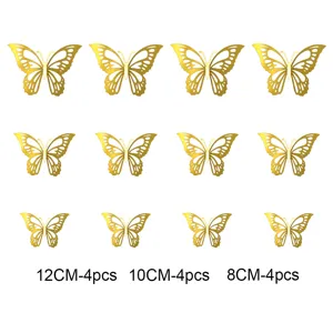 Gold 3D hollow butterfly wall stickers, metallic texture decorative decals for home interior.