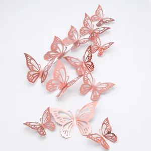 12pcs rose gold 3d hollow butterfly wall stickers for home living room wedding decor.
