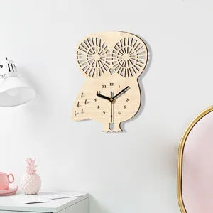 Wooden owl wall clock with silent sweep movement, cute animal shaped home decor clock.