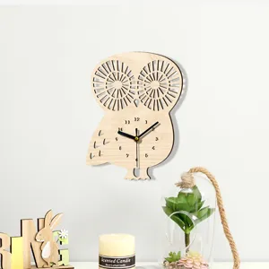 Wooden owl wall clock silent sweep movement animal design home decor wall hanging clock