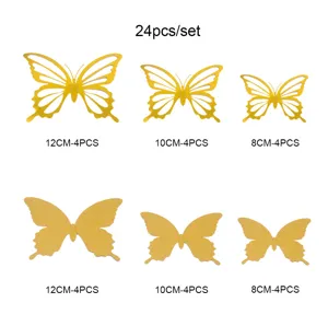 Detailed view of 24pcs 3D gold butterfly wall stickers set with assorted sizes and hollow designs.