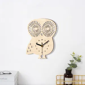 Wooden owl wall clock with silent movement and animal shape design for home decor detail.