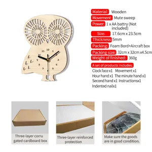 Wooden owl wall clock with silent sweep movement, animal shape decor for home room.