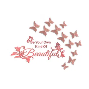 Rose gold acrylic mirror wall stickers with butterfly and English quote for home decor DIY.