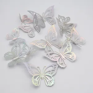 Details of 3D metallic hollow butterfly wall stickers, perfect for home wedding background decor.