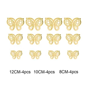 Gold hollow 3D butterfly wall stickers, 12 pieces set with 12cm, 10cm, and 8cm sizes.