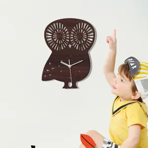 Wooden owl wall clock with silent sweep movement, cute animal design for home kids room decor.