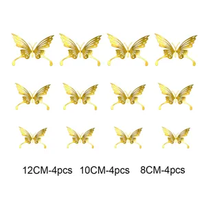 Details of 3D gold hollow butterfly wall stickers, featuring assorted sizes for home decor.