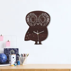 Wooden owl wall clock with silent sweep movement and clear dial numbers for home decor.
