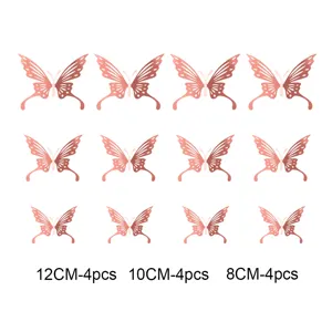 Metallic texture 3D hollow butterfly wall stickers, detail view showing 12pcs in three sizes.