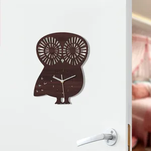 Wooden owl wall clock with silent sweep movement, pointer display and cute animal shape design.