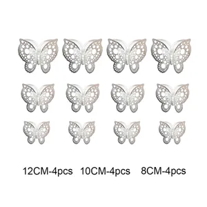 Silver 3D hollow butterfly wall stickers, 12pcs set with 12cm, 10cm, 8cm sizes for home decor.