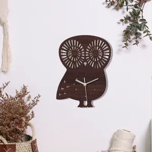 Wooden owl wall clock detail shot, featuring silent movement and unique carved animal design.