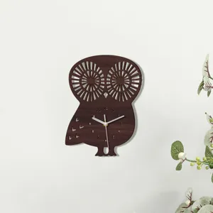 Detailed view of wooden owl wall clock with pointer display and silent movement for home decor.
