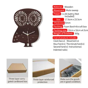 Wooden owl wall clock with silent sweep movement, animal shape decor for home office.
