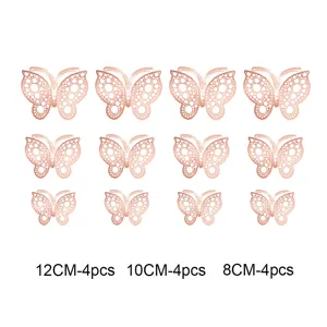 3D Rose Gold Hollow Butterfly Wall Stickers Variant Set, 12 Pieces in Three Sizes