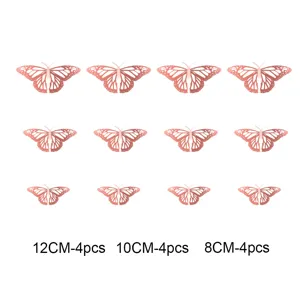 3D hollow metallic butterfly wall stickers, 12pcs set for home wedding background decor.