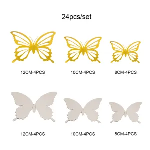 3D Hollow Butterfly Wall Stickers Set Gold and White DIY Home Decor Wall Art 24pcs