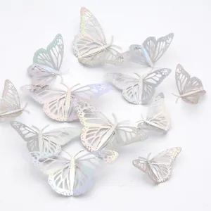Detailed view of 3D metallic hollow butterfly wall stickers, holographic laser design for home decor.