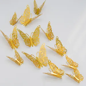Detailed close-up view of 3d hollow golden butterfly wall stickers showing intricate cutouts.