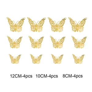Gold 3D hollow butterfly wall stickers set, 12pcs home decor for living room bedroom wedding.