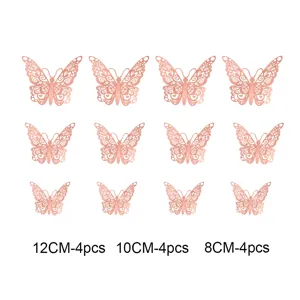 12pcs 3D Hollow Butterfly Wall Stickers Rose Gold Metallic Home Wedding Party Decor