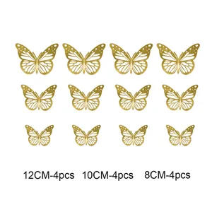 Gold 3D hollow butterfly wall stickers set, 12pcs home decor in three sizes for room.