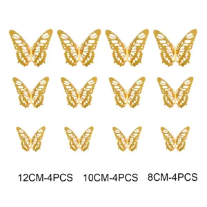 Pegatinas de pared de mariposa hueca 3D doradas, set de 12 piezas para decoración, fiesta, boda.