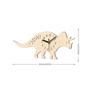 Wooden dinosaur wall clock with silent quartz movement and cute triceratops animal shape.