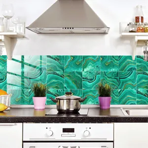 Green marble kitchen backsplash tile sticker, waterproof peel and stick wall decal for home.