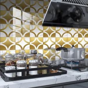 Modern geometric waterproof kitchen wall sticker, gold and white marble tile decal for home décor.