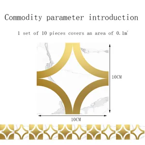 Detail view of square marble tile sticker with gold geometric lines, size 10x10cm spec.