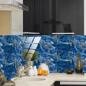 Blue gold marble tile sticker detail kitchen backsplash self adhesive waterproof vinyl decor