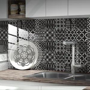 Black and white geometric tile stickers for kitchen backsplash and wall decor waterproof