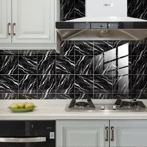 Black white marble tile stickers, waterproof kitchen wall decor and backsplash stickers.