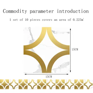 Crystal marble tile sticker detail view, 15x15cm geometric gold pattern wall decor.