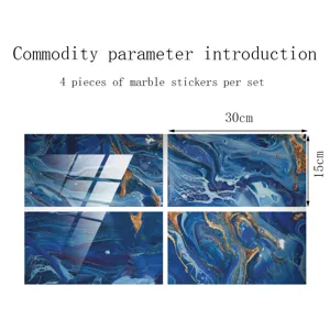 Blue marble tile stickers set of 4 pieces, 30x15cm waterproof self-adhesive wall decor decals.