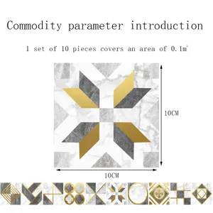 Crystal tile sticker detail, 10x10cm marble and gold geometric pattern waterproof floor wall decor.