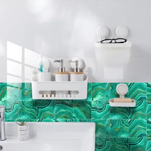 Green marble waterproof wall tile sticker detail view, self-adhesive bathroom decor film.