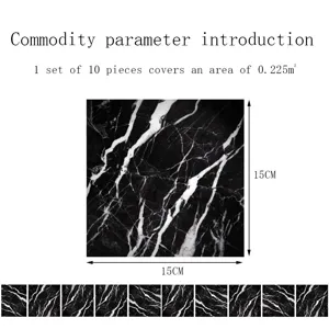 Black marble tile sticker set, 15x15cm waterproof self-adhesive wall decor for living room.