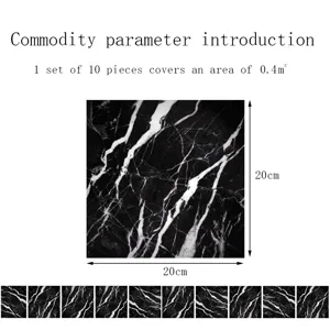 Black marble tile sticker 20x20cm waterproof wall decor 10 pieces set for living room interior.