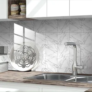 White marble kitchen tile stickers self adhesive waterproof wall paper for home decor detail