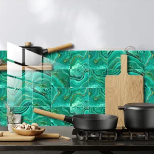 Green malachite pattern tile sticker detail view, waterproof wall sticker for home decor.