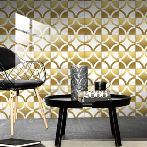 Waterproof crystal tile sticker for wall and floor decor, modern gold geometric design.